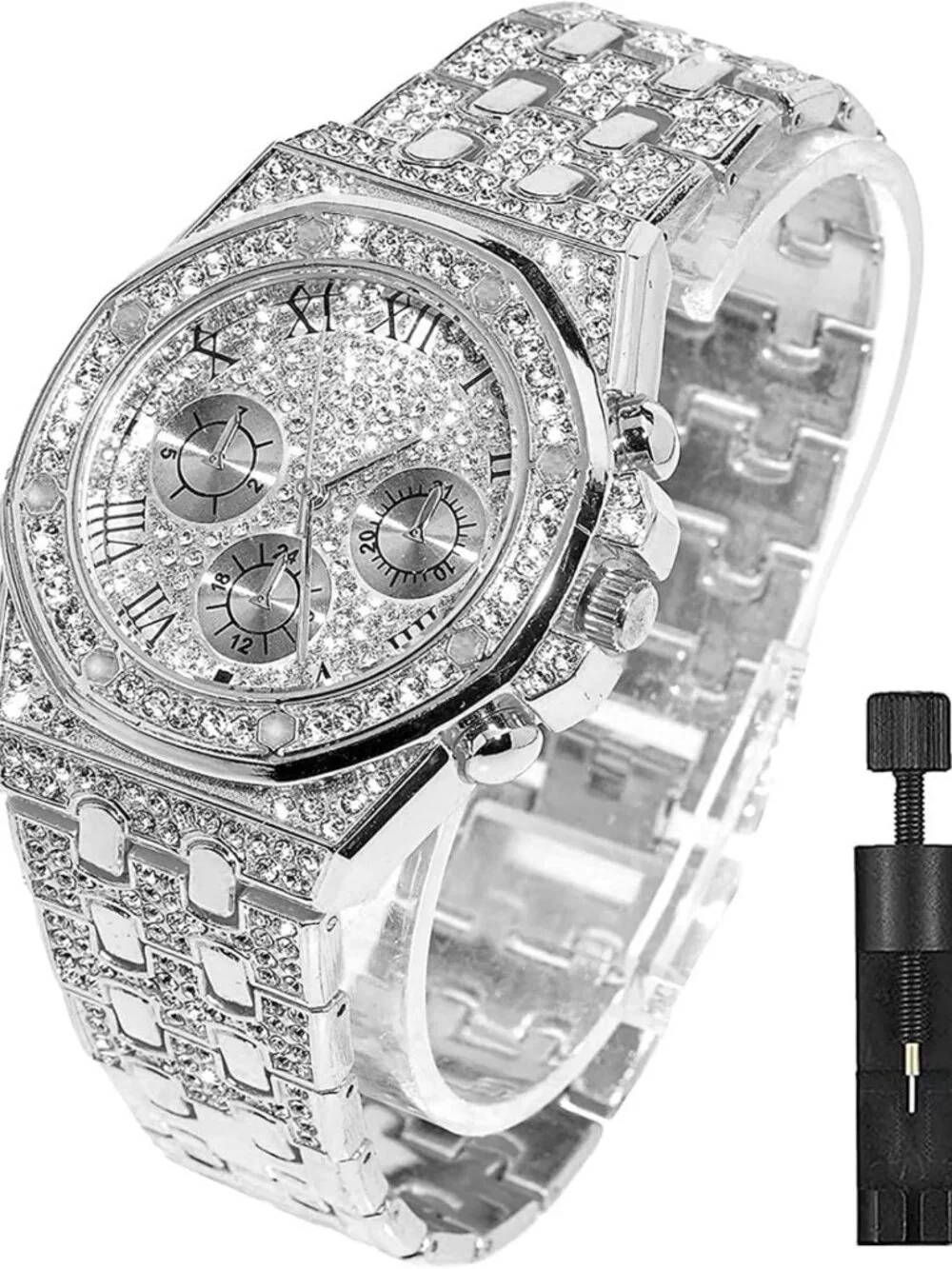 Iced Out Diamond Watch - Gold Plated, 40mm, Roman Numerals, Quartz Wristband for
